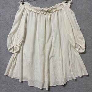 Cottagecore Peasant Cream Mini Dress Off Shoulder Rayon Linen Blend Boho 22/24